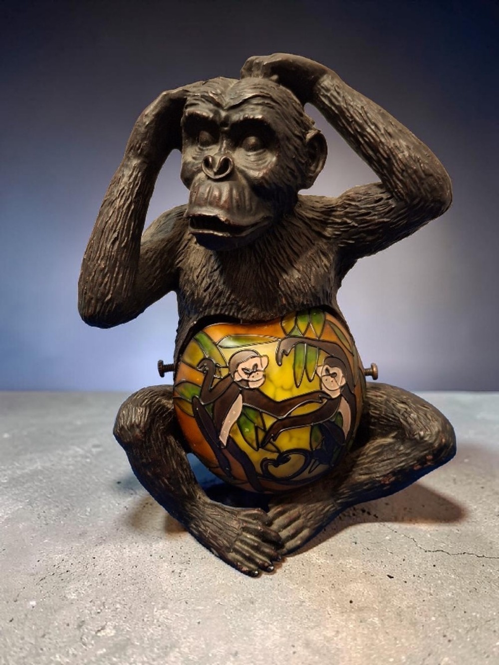 Vintage Decorative Brown Monkey Figurine Lamp with Colorful Stained-Glass Belly